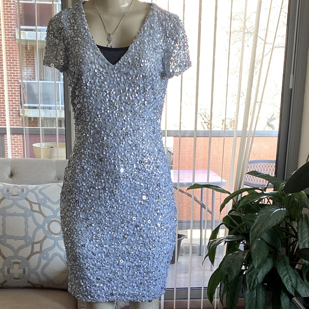 NWT Adrianna Papell Silver/ gray V-Neck Mini Dress Size 4. - Picture 1 of 12